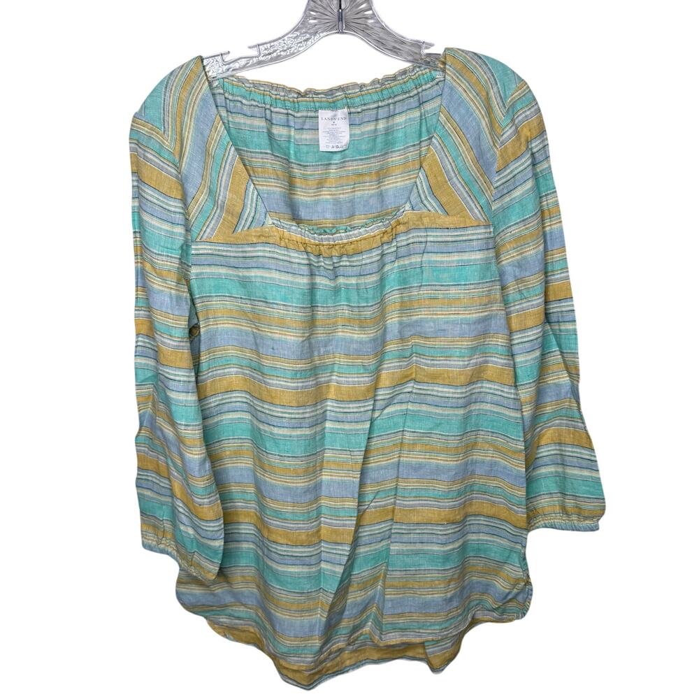 Lands’ End Women’s 100% Linen Striped Blouse Top Medium 10-12 Peasant Tunic‎